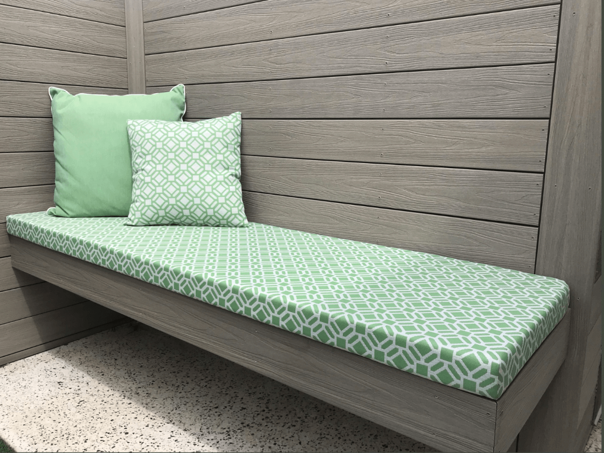 green custom made outdoor bench seat and cushions